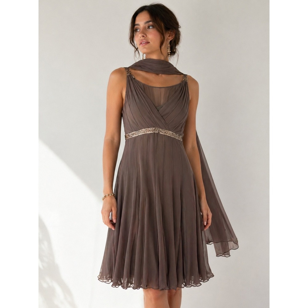 Un-Deux-Trois Cocktail Dress Womens 38 Brown Beaded Silk Chiffon Scarf